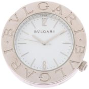 BULGARI - a stainless steel travelling quartz alarm clock, white dial with silvered baton hour
