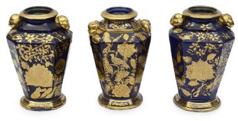 A garniture of late Georgian Mason's Ironstone mazarine blue and gilt twin-handled vases