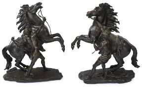 A large pair of late 19th patinated bronze Marly horses