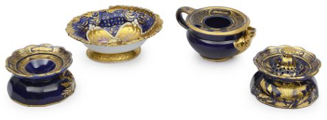 A late Georgian Mason's Ironstone mazarine blue and gilt three-piece desk set