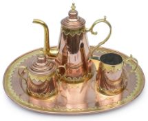 A late 19th century Belgian Arts & Crafts copper and brass mounted coffee set