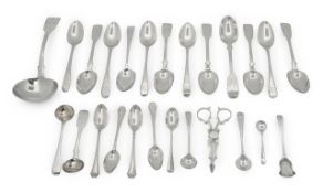 A set of six Victorian silver fiddle pattern teaspoons and other spoons
