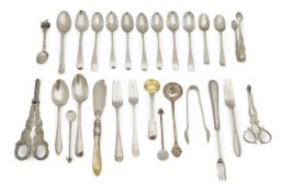 A collection of silver spoons, flatwares and other items