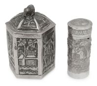 A Burmese silver hexagonal tea canister