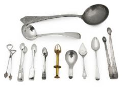 Assorted British & Continental silver ladles, spoons and tongs