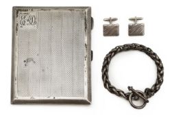 A silver cigarette case, Albert chain bracelet and cuff links