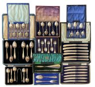 Nine cased silver sets and a part set of spoons and knives