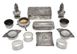 Assorted silver salts, pepperettes and other items