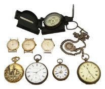 A silver open face pocket watch with chain