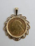 A Victorian half sovereign 1896 in 9ct pendant mount