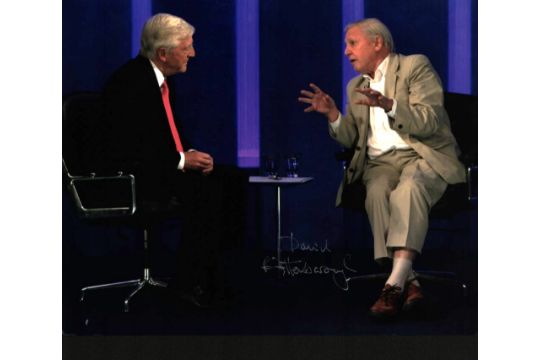 Sir David Attenborough signed colour photo, during a talk show