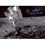 Apollo 14 Astronaut Ed Mitchell signed 10x8 inch black and white photo walking on the moon 1971.