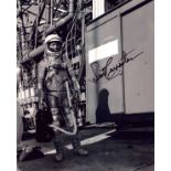 Aurora 7 Astronaut Scott Carpenter signed 10x8 inch black and wite photo standing by launch tower
