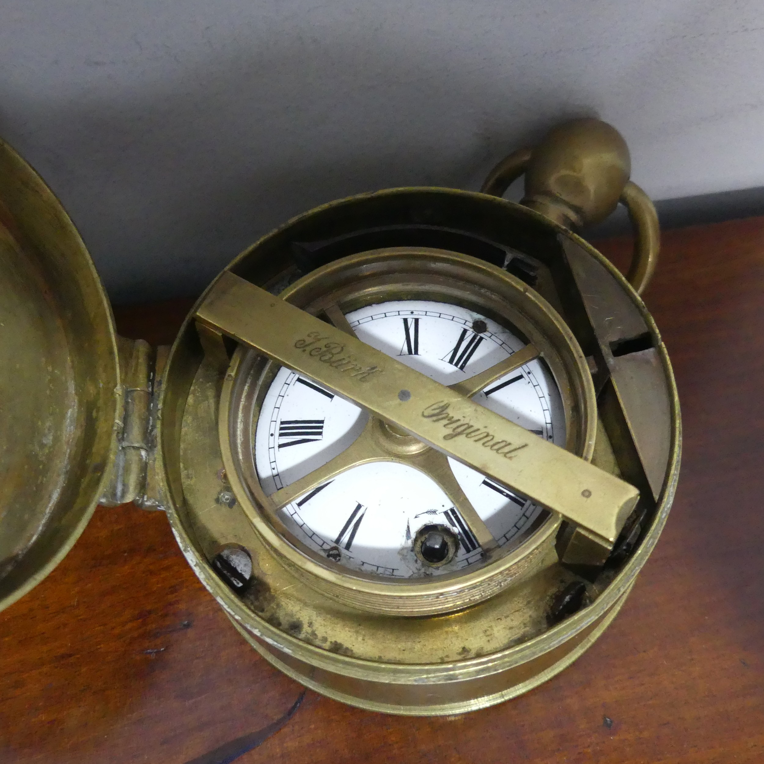 A 20th century J. Burk original portable brass guard-watchman‘s Clock, the white enamel dial with - Image 9 of 9