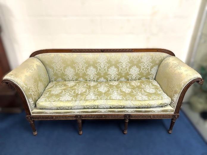 A 19thC. Regency style mahogany framed sofa, 2135m