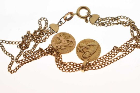 Multi-strand yellow metal bracelet stamped '14K', attached two medallions each stamped '750' - Image 3 of 4