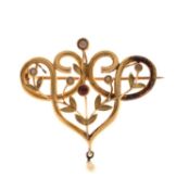 Early 20th century French garnet-topped double seed pearl yellow gold brooch