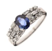 Sapphire and diamond white metal ring