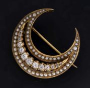 Victorian diamond and seed pearl crescent moon brooch