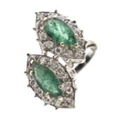 Emerald and diamond double marquise white metal cluster ring
