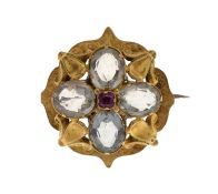 Early Victorian ruby and rock crystal yellow metal brooch