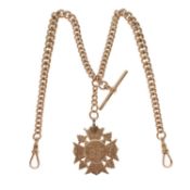 Late Victorian yellow metal (9ct) 'rose gold' watch Albert chain with fob