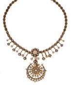 Late Victorian seed pearl yellow metal pendant necklace