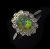 Black opal and diamond platinum cluster ring