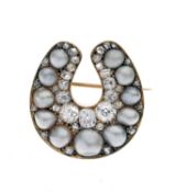 Late Victorian diamond and pearl horseshoe brooch