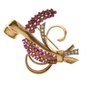 Ruby and diamond spray brooch