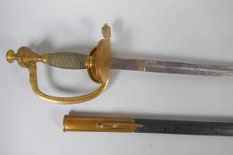 An Imperial German era court sword in leather scabbard, with the manufacturer's mark to the top of