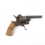 19th century Belgian pinfire six-shot revolver with folding trigger and wooden grip
