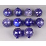 Ten 19th Century moulded glass fire grenades in cobalt blue, each 7cm diamSome chips to the top