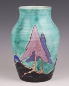 A Clarice Cliff Newport Pottery "Inspiration Caprice" Bizarre pottery vase, 25cm There is a star