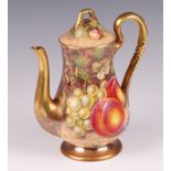 A Royal Worcester coffee pot, with hand painted decoration of peaches and grapes by J Freeman, the