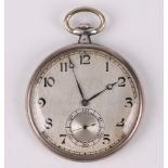 A Longines open faced dress pocket watch with silvered dial and Arabic numerals, the movement