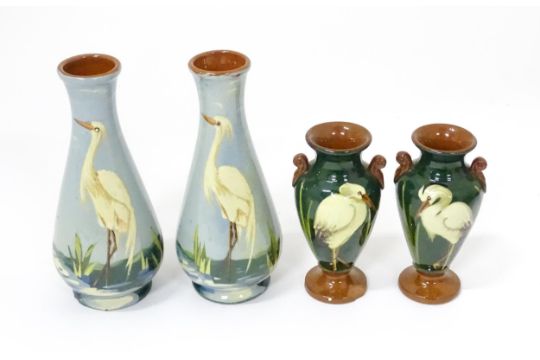 Two pairs of Torquay pottery vases with heron bird decoration. Largest approx. 6 1/2" high (2+2) - Image 1 of 7