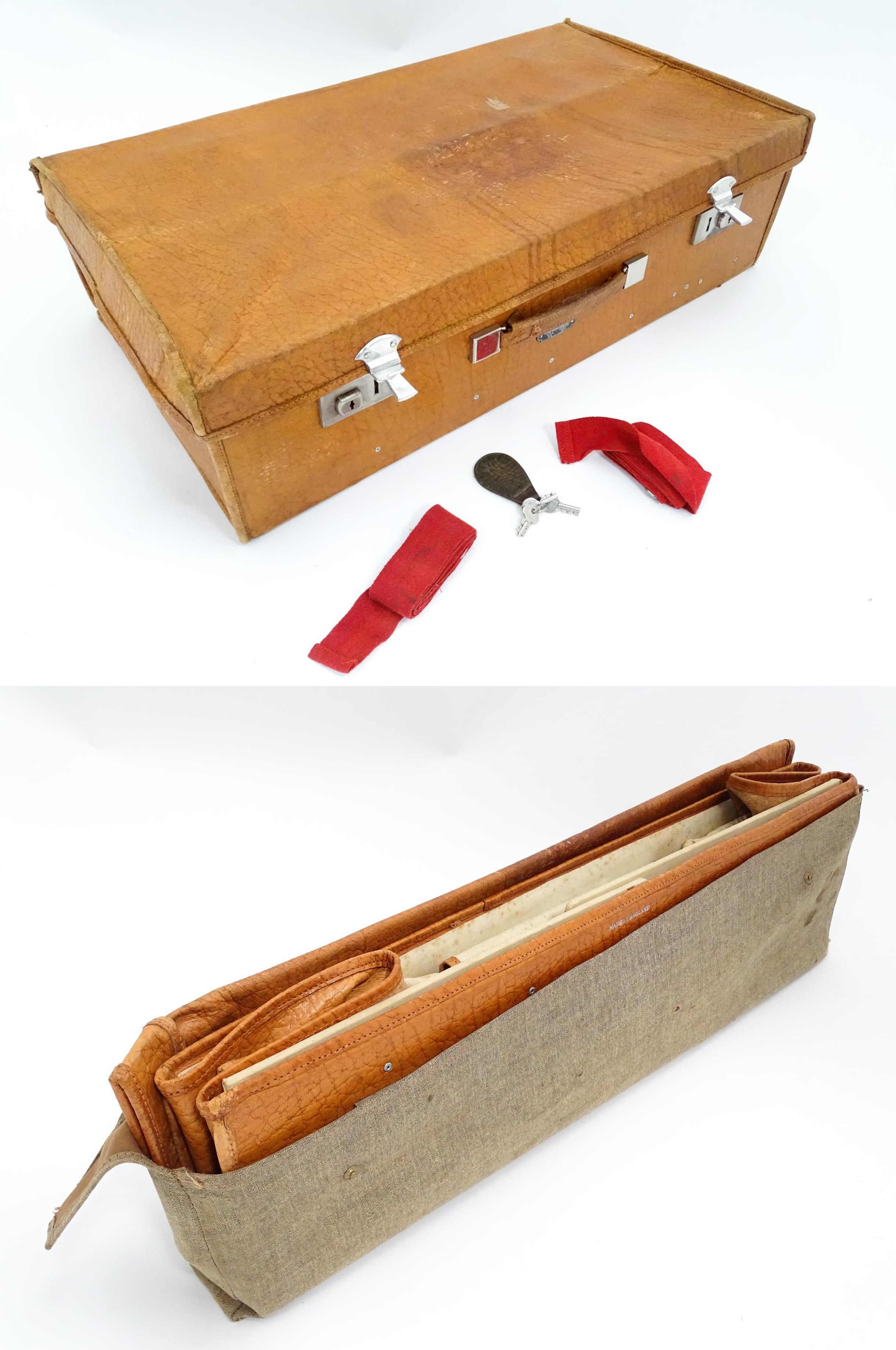 An mid 20thC ' Stoawa ' folding leather suitcase, the lined interior with collapsing boards and with