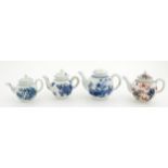 Four 18thC teapots comprising a Lowestoft blue and white teapot decorated in the Fence & Root
