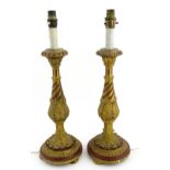 A pair of carved wood table lamps with red and gilt detail. Approx. 21" high (2) Please Note - we do