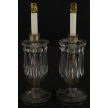 A pair table lamps of table lustre form with etched decoration and lustre drops. Approx. 17" high (