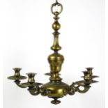 A late 19thC Dutch chandelier / electrolier, the pendant light with five scrolling branches.