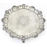 A George III silver card tray with engraved armorial to centre, hallmarked London 1762, maker