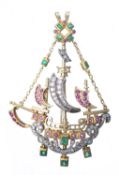 Broche en or jaune représentant un bateau à trois mâts pavé de diamants, rubis et émeraudes