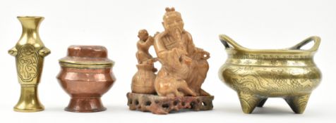 THREE CHINESE BRONZES AND SOAPSTONE FIGURINE 铜器香炉/花瓶/铜管和石刻