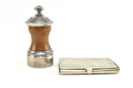 HALLMARKED SILVER CIGARETTE CASE / CARD HOLDER & A SILVER COLLARED PEPPER MILL