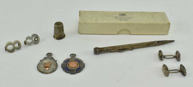 STERLING SILVER PENCIL, FOB MEDALS, CUFF LINKS & OTHER