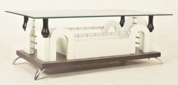 CONTEMPORARY GLASS & VENEERED ABSTRACT GEOMETRIC LOW COFFEE TABLE