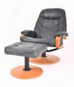 GREEN LEATHER SWIVEL ARMCHAIR AND FOOTSTOOL