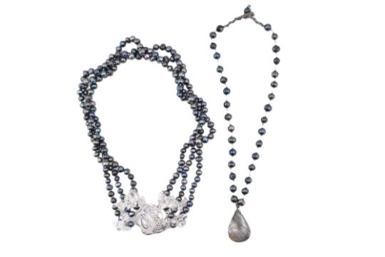 TWO PEARL NECKLACES WITH LABRADORITE & ABALONE - Image 3 of 3